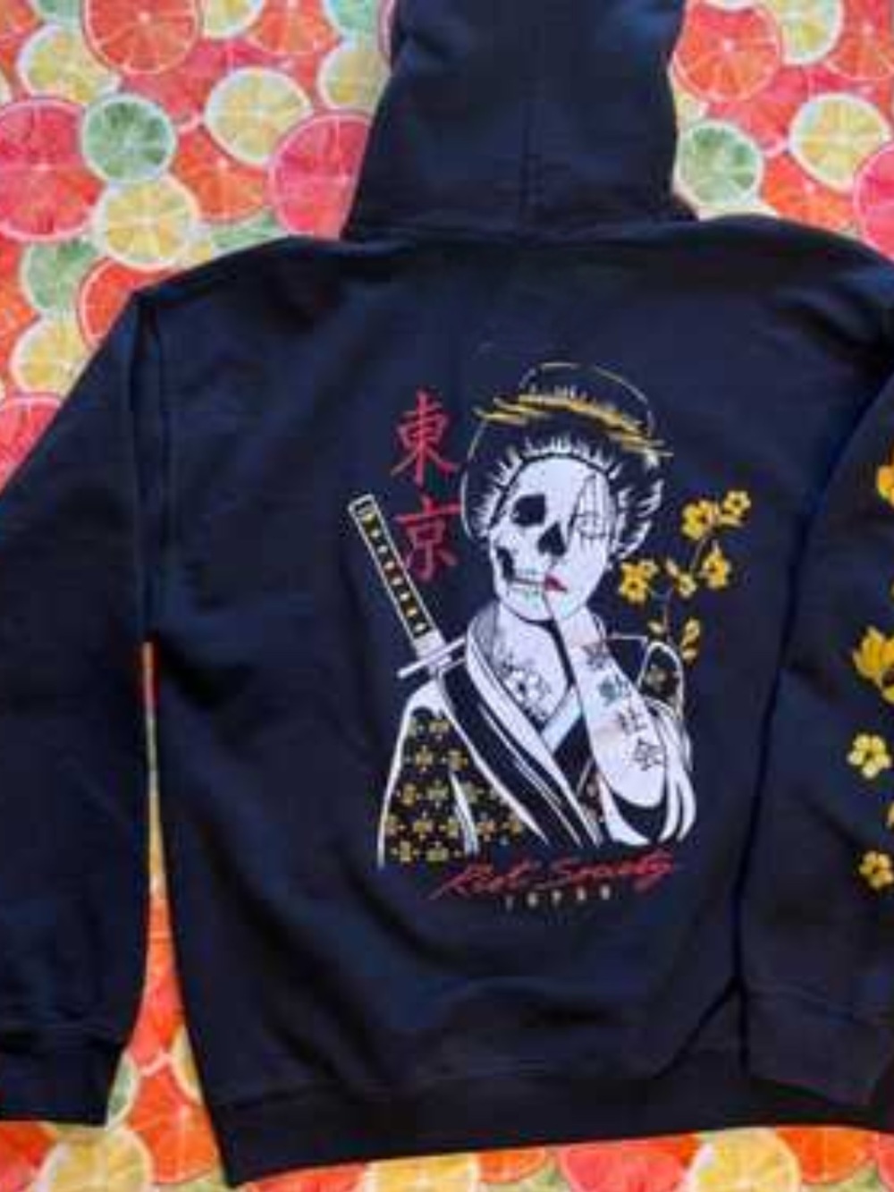 Gildan Black Hoodie with Skull Geisha Graphic and Yellow Accents